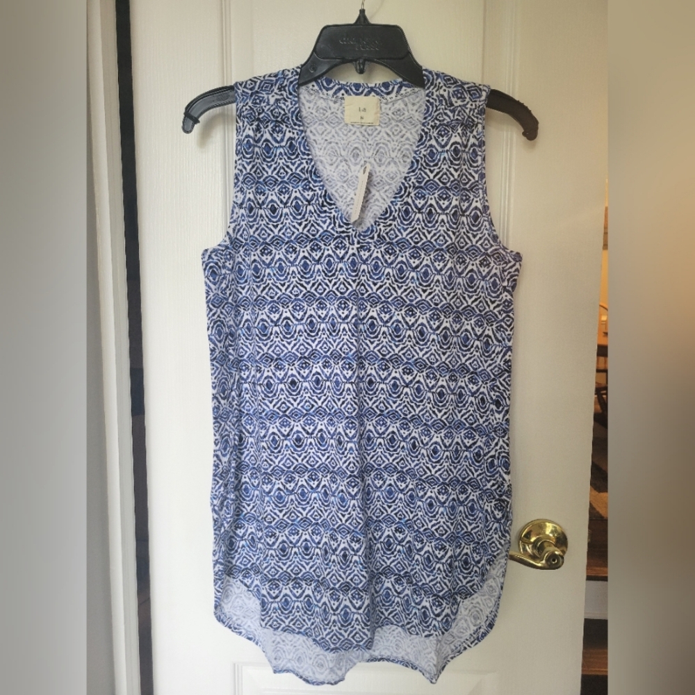 NWT T.la Anthropologie Breezy Tunic High-Low Tank Top Blue White Mosaic Size XS